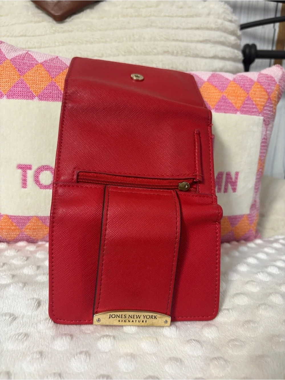 Jones New York Red Saffiano Leather Compact Wallet with Gold Plate